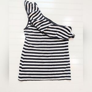 WHBM Black/White Striped Ruffles One Shoulder Knit Top